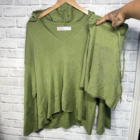 Free People Beach Ribbed Knit Sweater Set Slouchy Oversized Top Cozy Green Sz S - Picture 4 of 16
